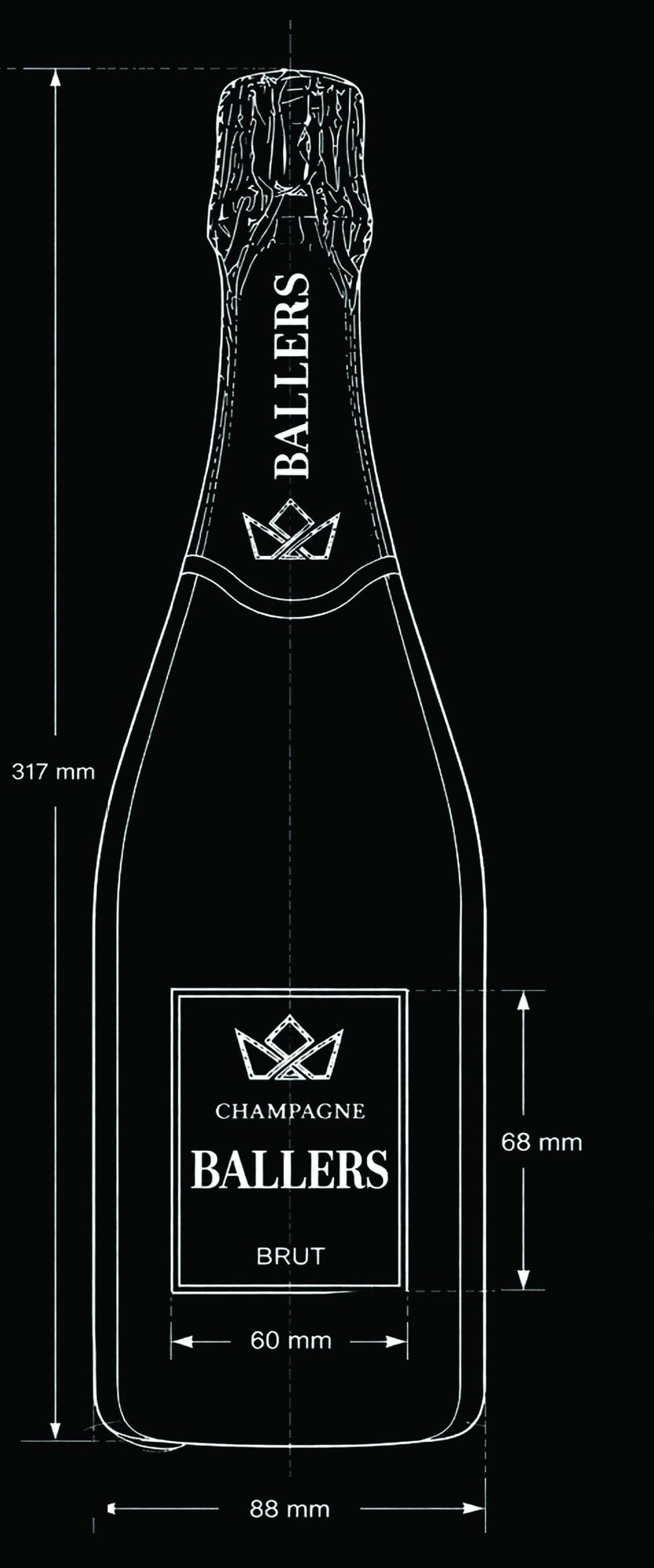 Ballers champagne bottle technical schematic — 317mm tall, 88mm diameter, 68mm label height, 60mm label width