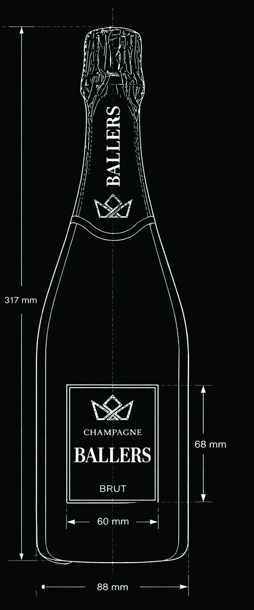 Ballers champagne bottle technical schematic — 317mm tall, 88mm diameter, 68mm label height, 60mm label width